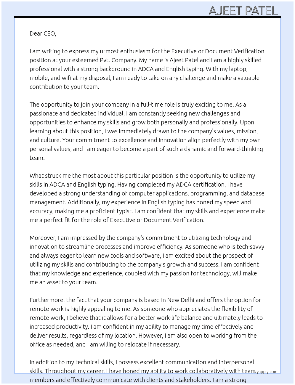 Executive or, Document verification  At Pvt. Company Cover Letter