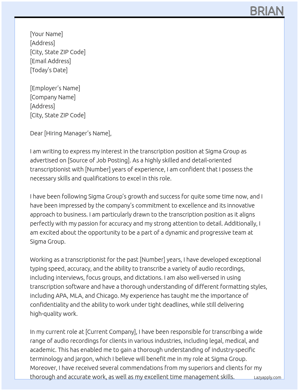 transcription  At Sigma group Cover Letter