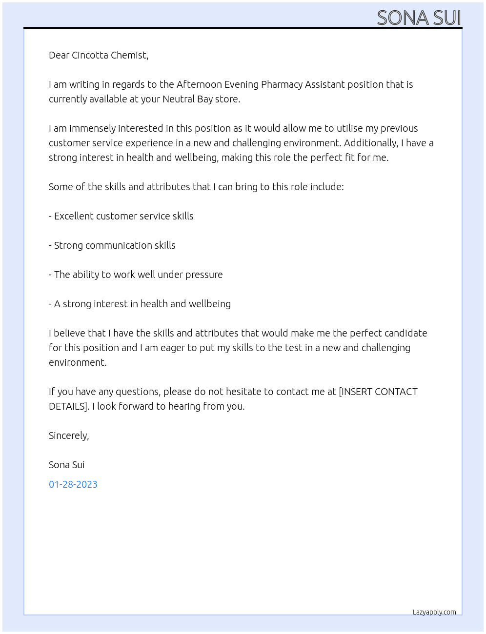 Cover letter for afternoon evening pharmacy assistant - LazyApply