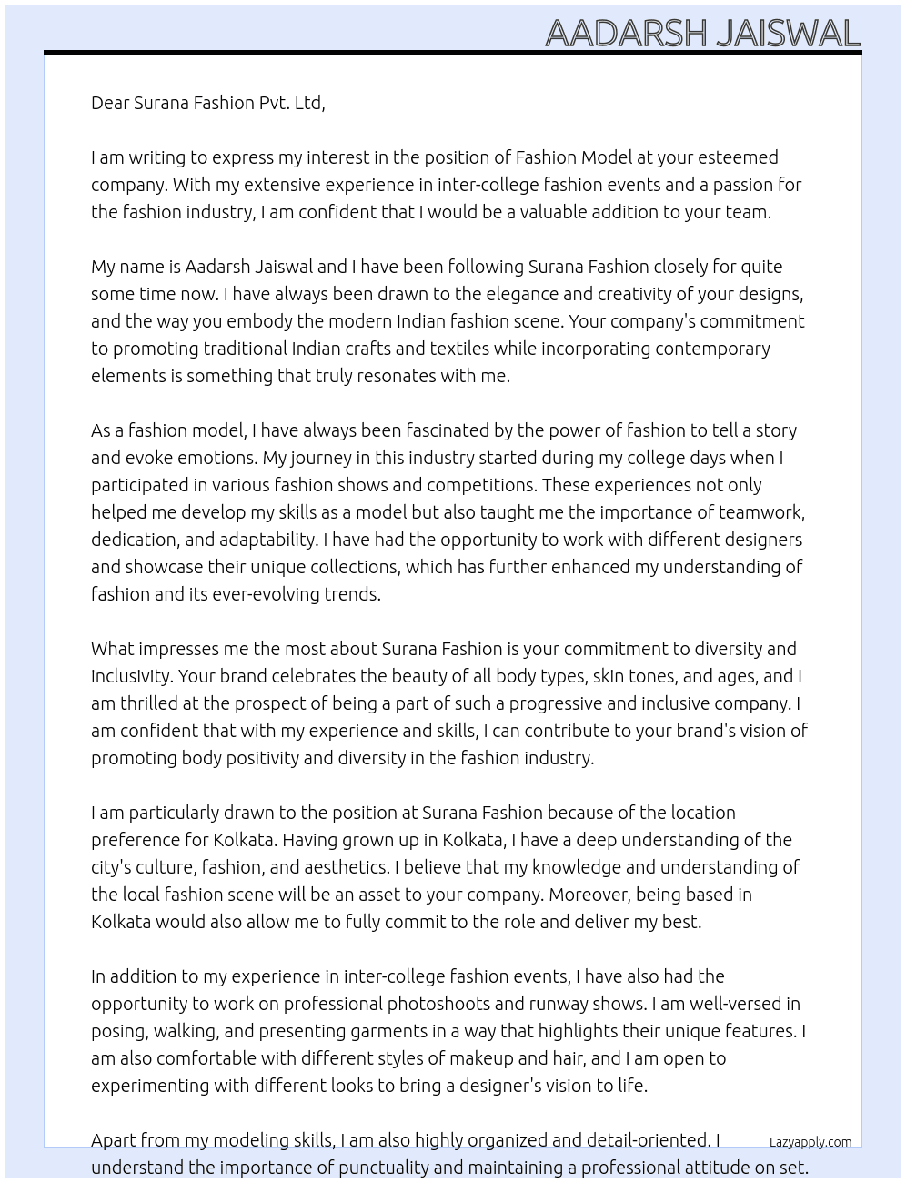 Fashion model At SURANA Fashion pvt.ltd Cover Letter