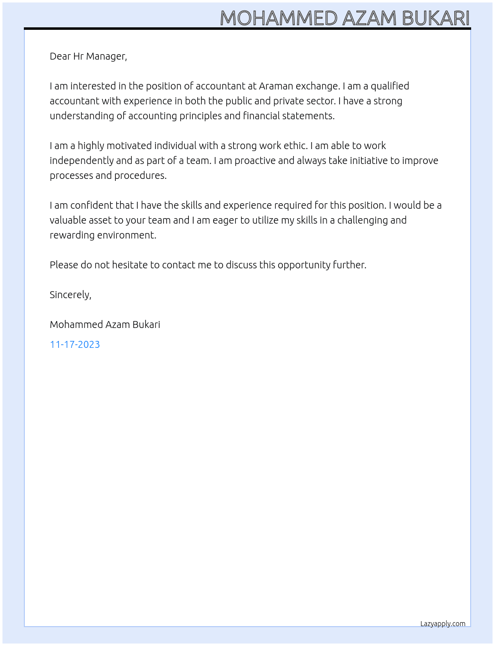 Accountant At Araman exchange Cover Letter