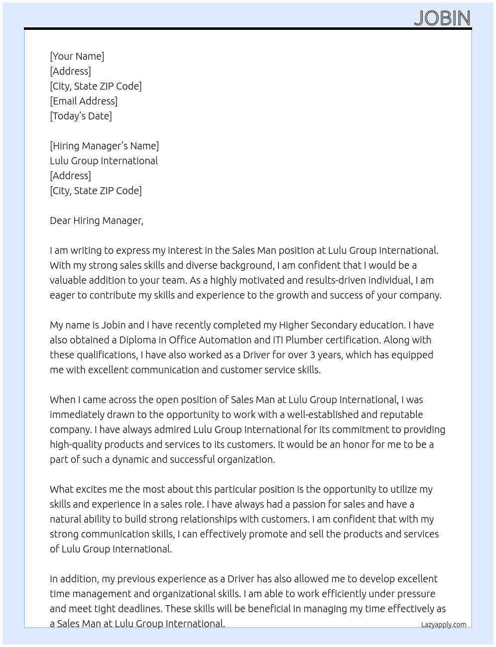 Sales Man At Lulu Group International  Cover Letter