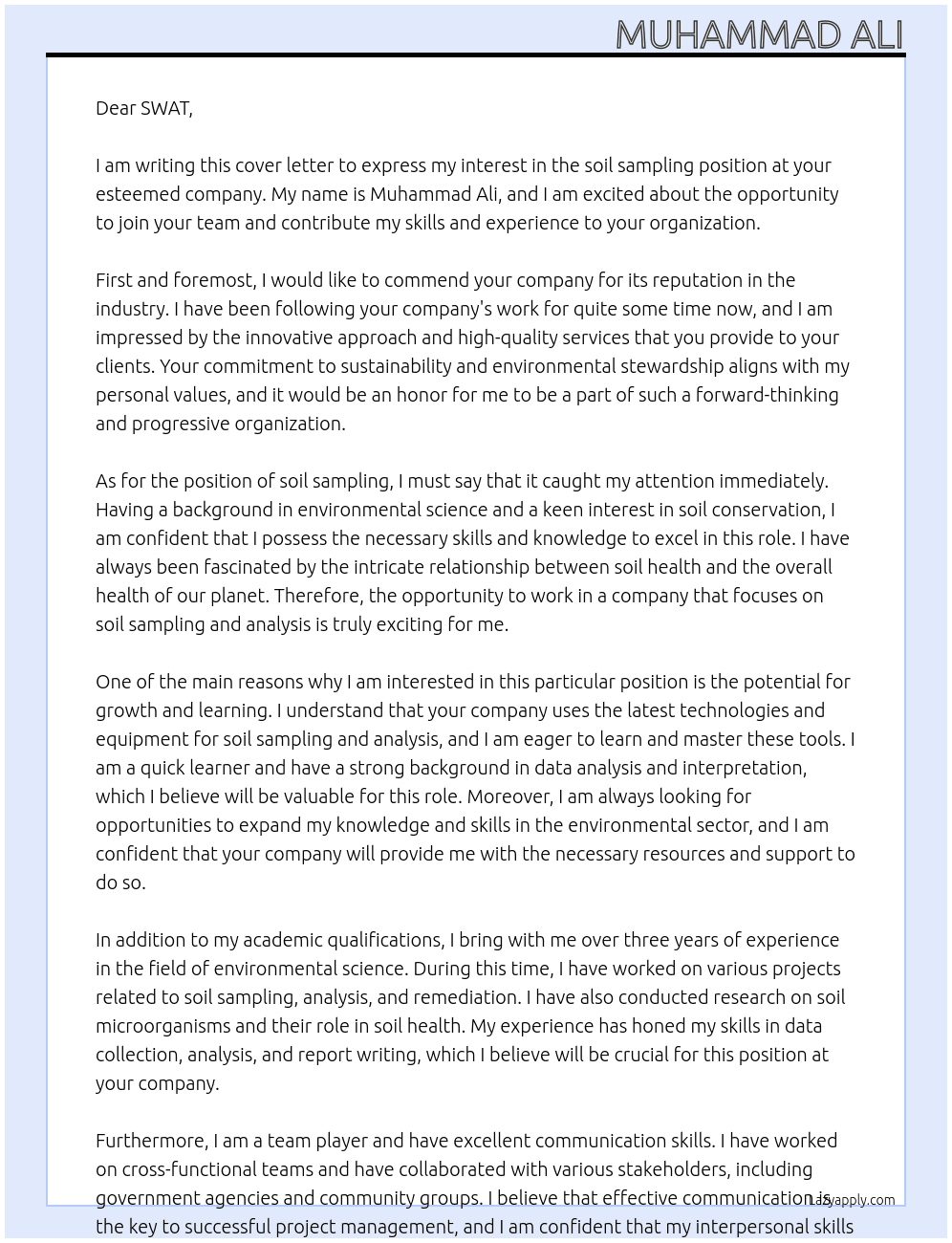 soil sampling At SWAT Cover Letter