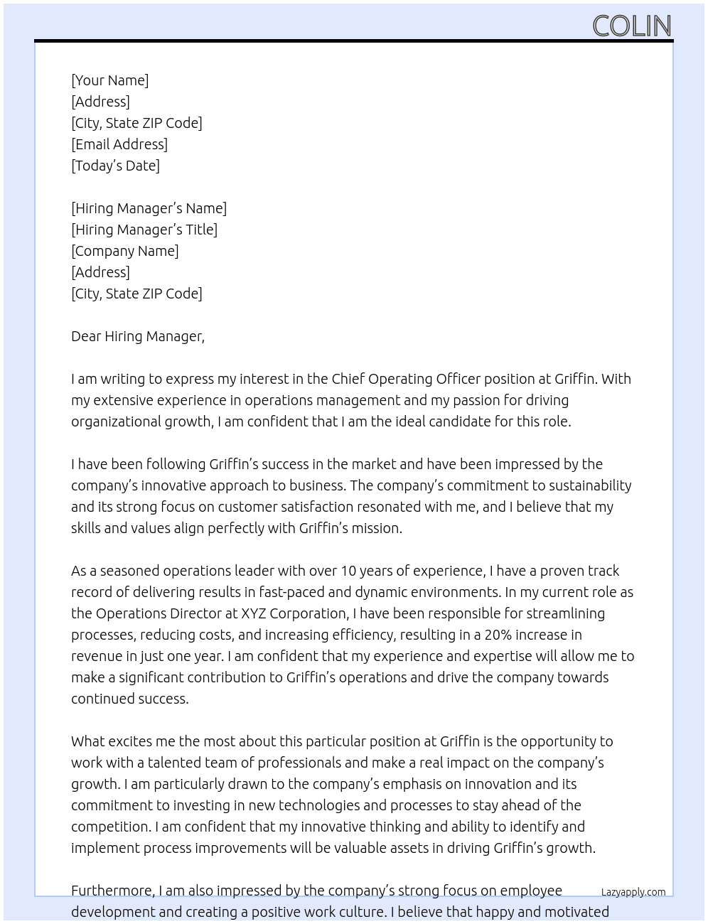 Chief Operating Officer At Griffin Cover Letter