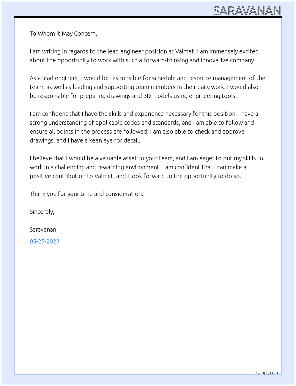 Lead engineer At Valmet Cover Letter