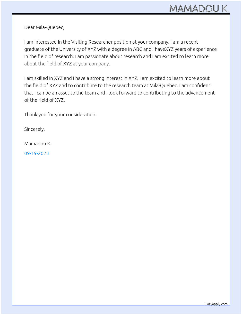 Visiting Researcher At Mila-Quebec Cover Letter
