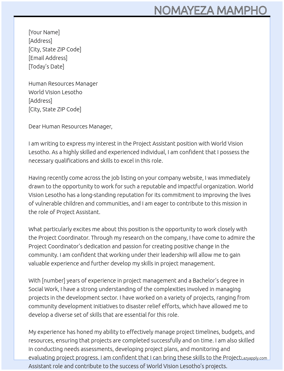 Project Assistant  At Project Coordinator Cover Letter