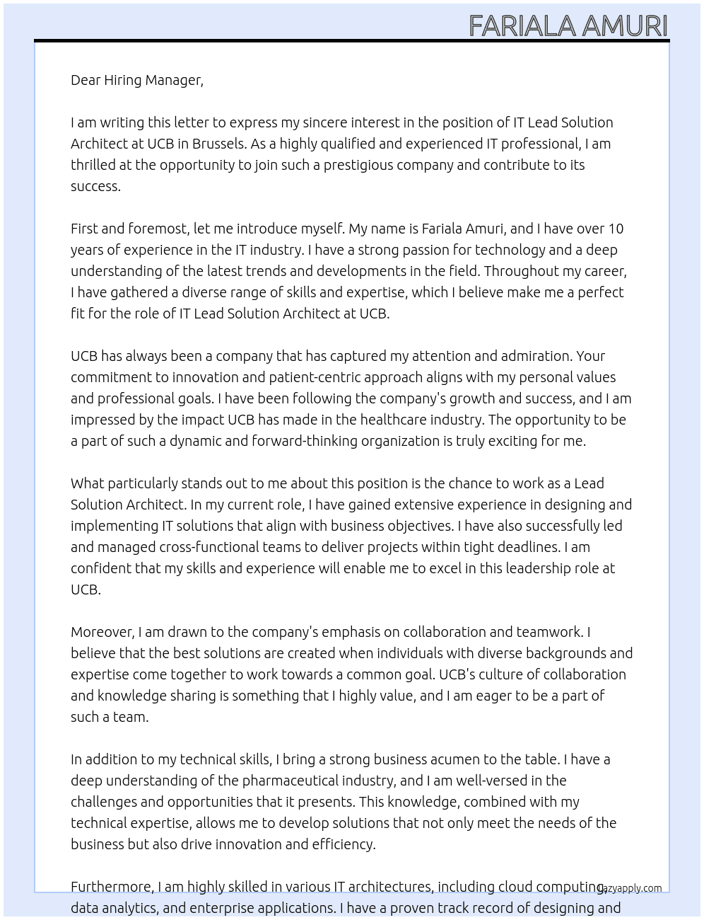 IT Lead Solution Architect At UCB Cover Letter