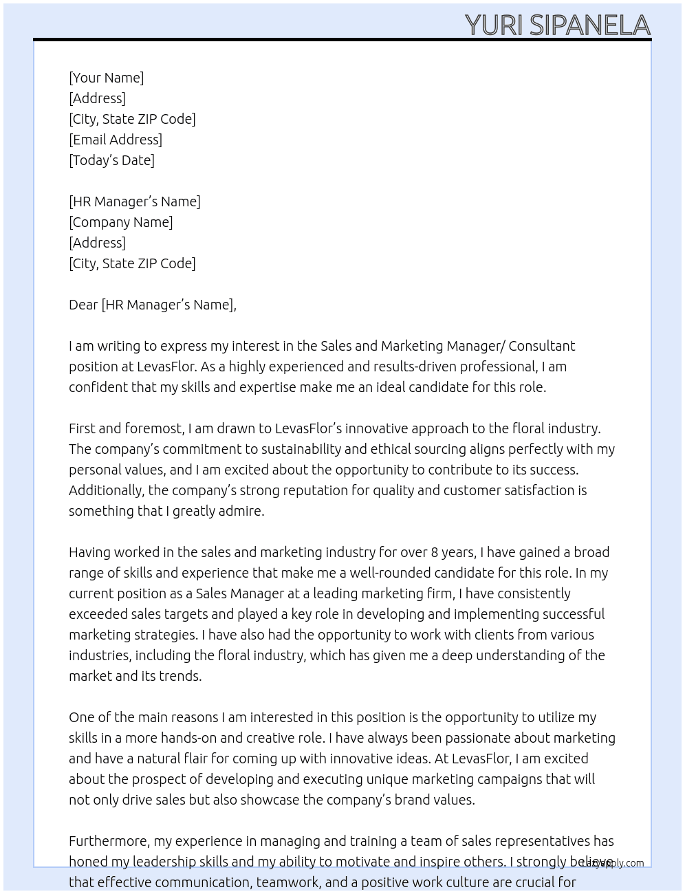 Sales and Marketing Manager/ Consultant At LevasFlor Cover Letter
