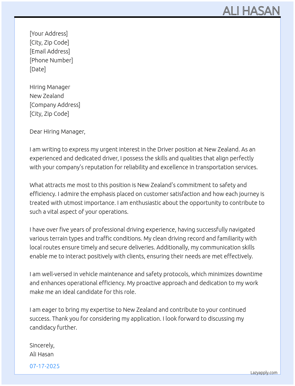 Driver At New zealand  Cover Letter