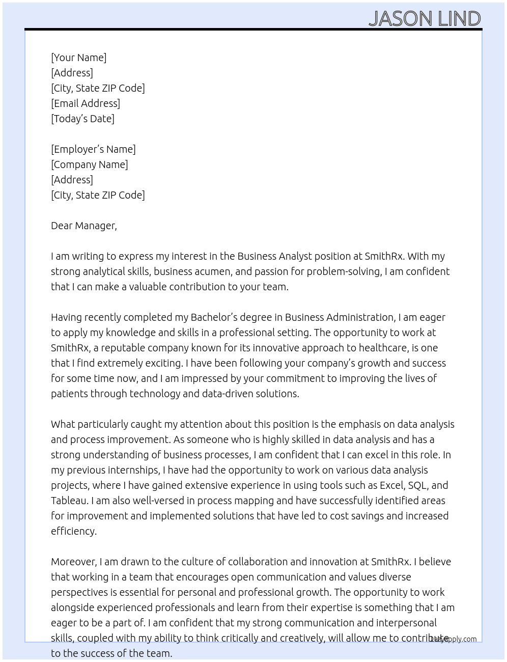 Business Analyst At SmithRx Cover Letter