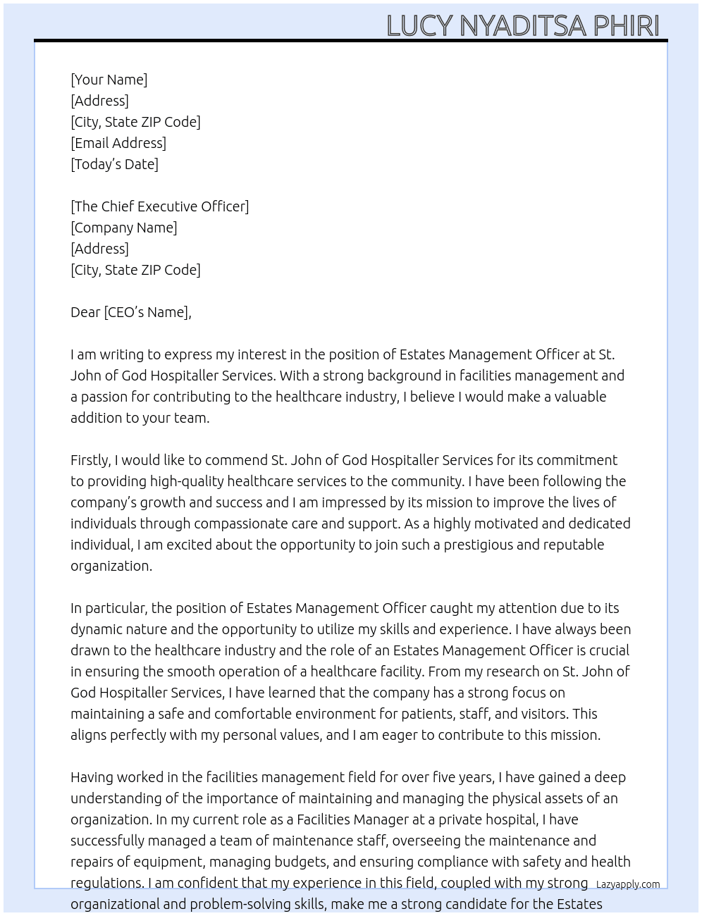 Estates management officer  At St. John of God Hospitaller Services  Cover Letter