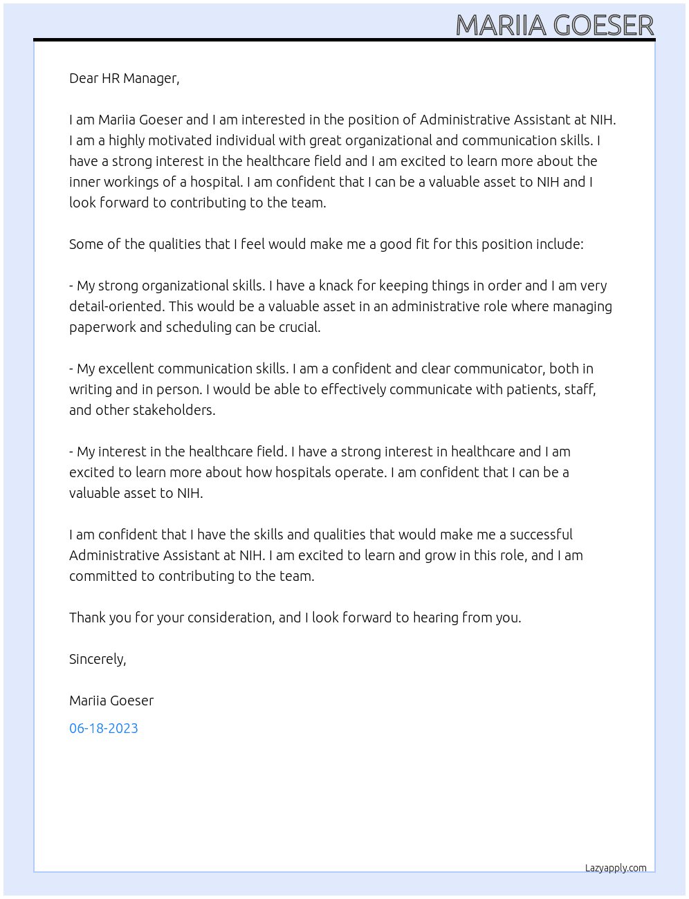 Administrative Assistant At NIH Cover Letter
