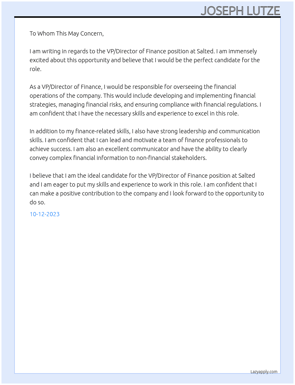 VP/Director of Finance At Salted Cover Letter