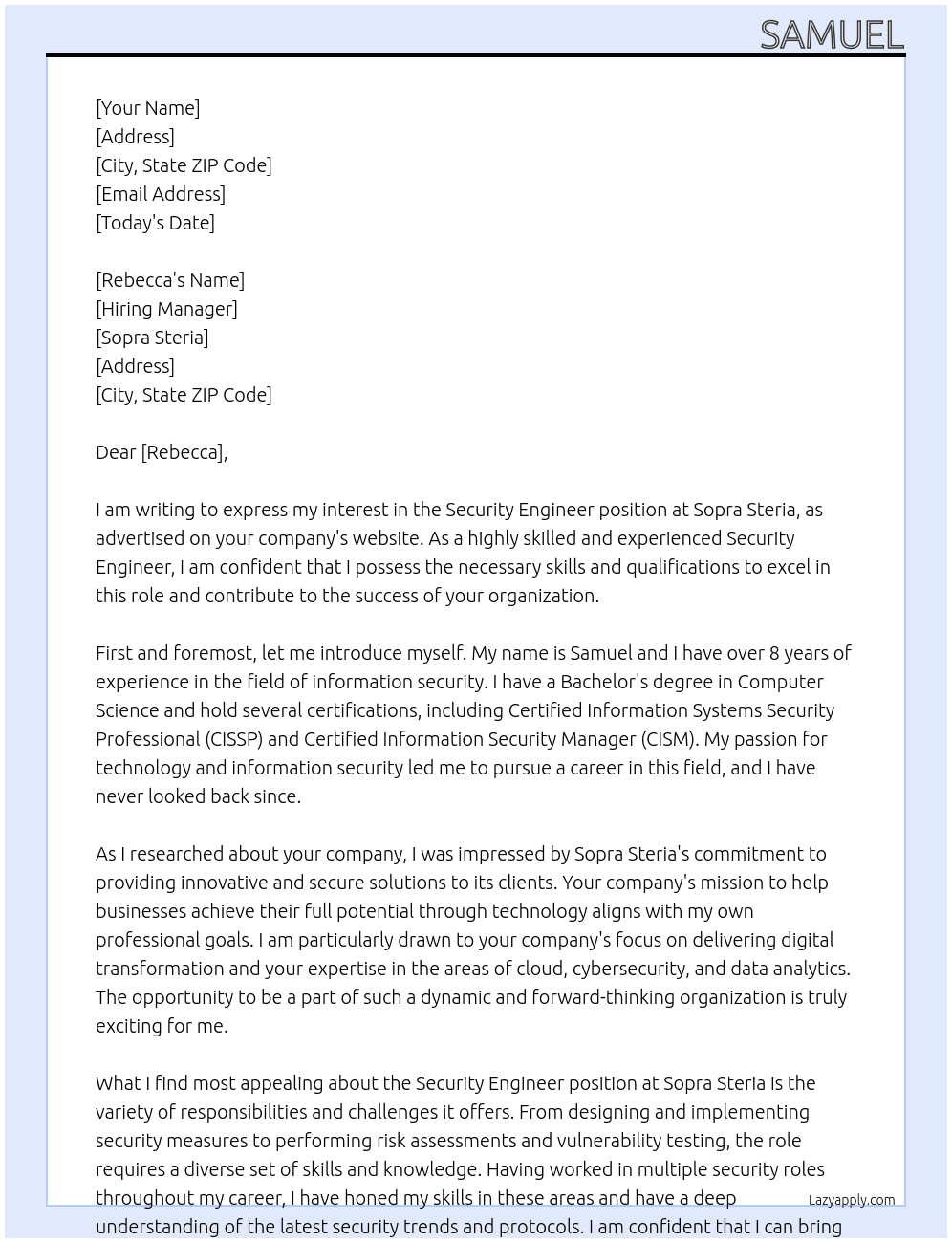  Security Engineer At Sopra Steria Cover Letter