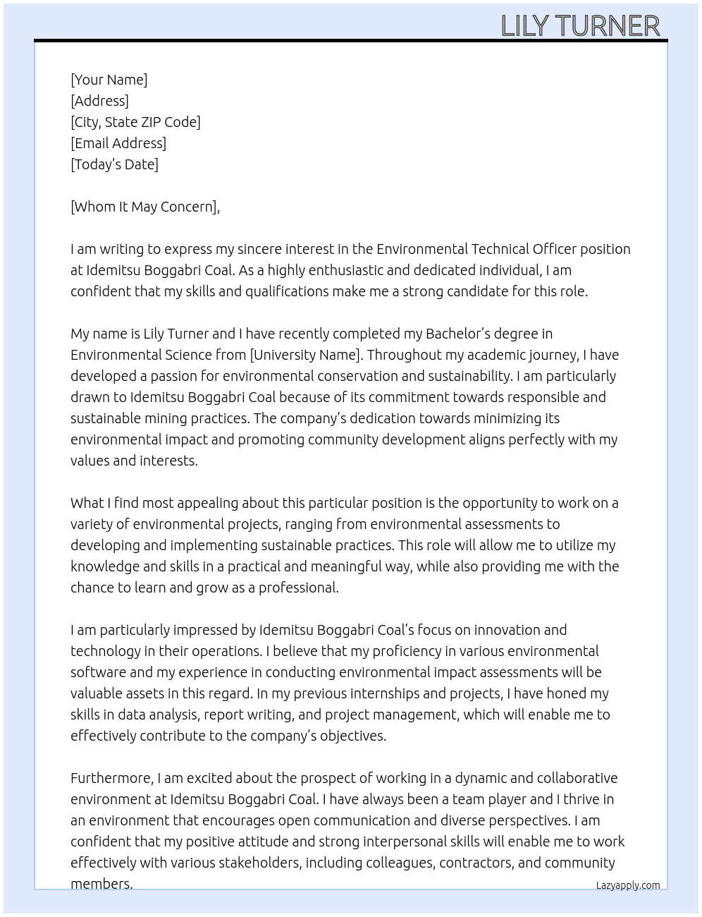 Cover letter for environmental technical officer - LazyApply