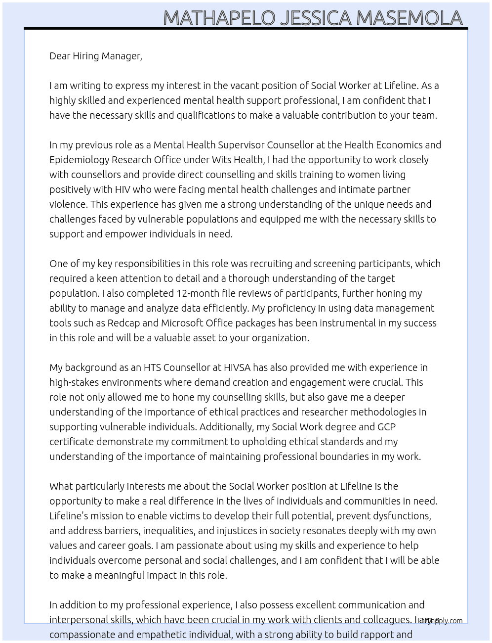 Social Worker  At Lifeline Cover Letter