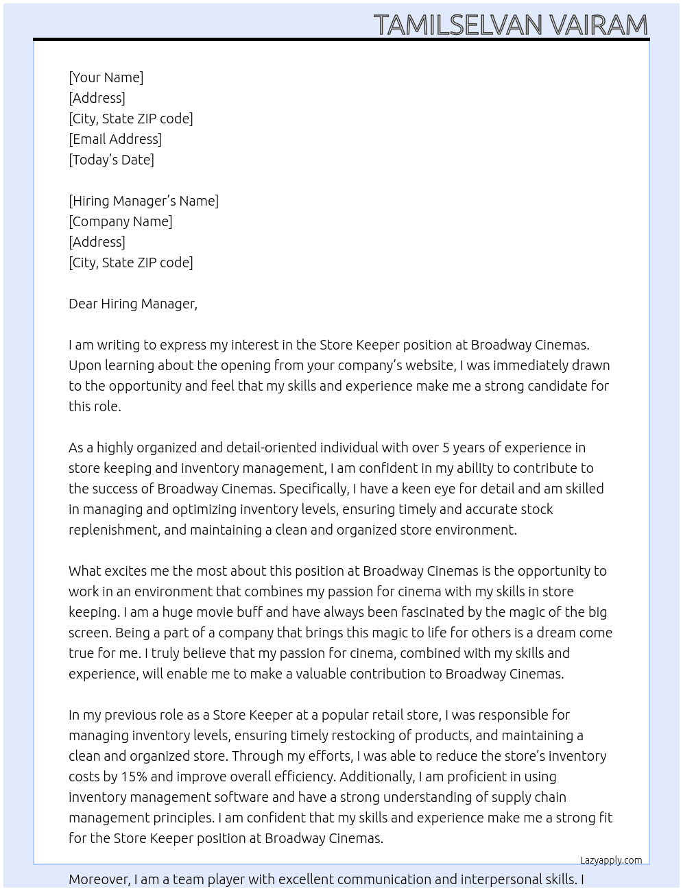 Store keeper At Broadway cinemas Cover Letter