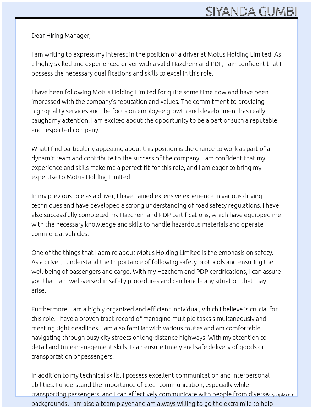 driver At motus holding limited Cover Letter