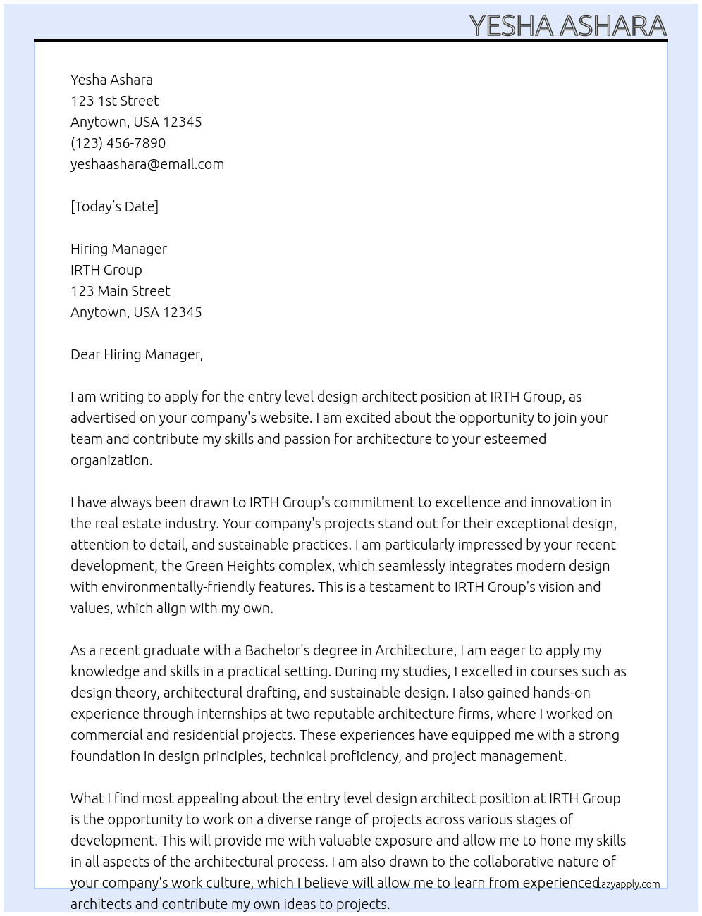 entry level design architect At IRTH Group - Real Estate Developer Cover Letter