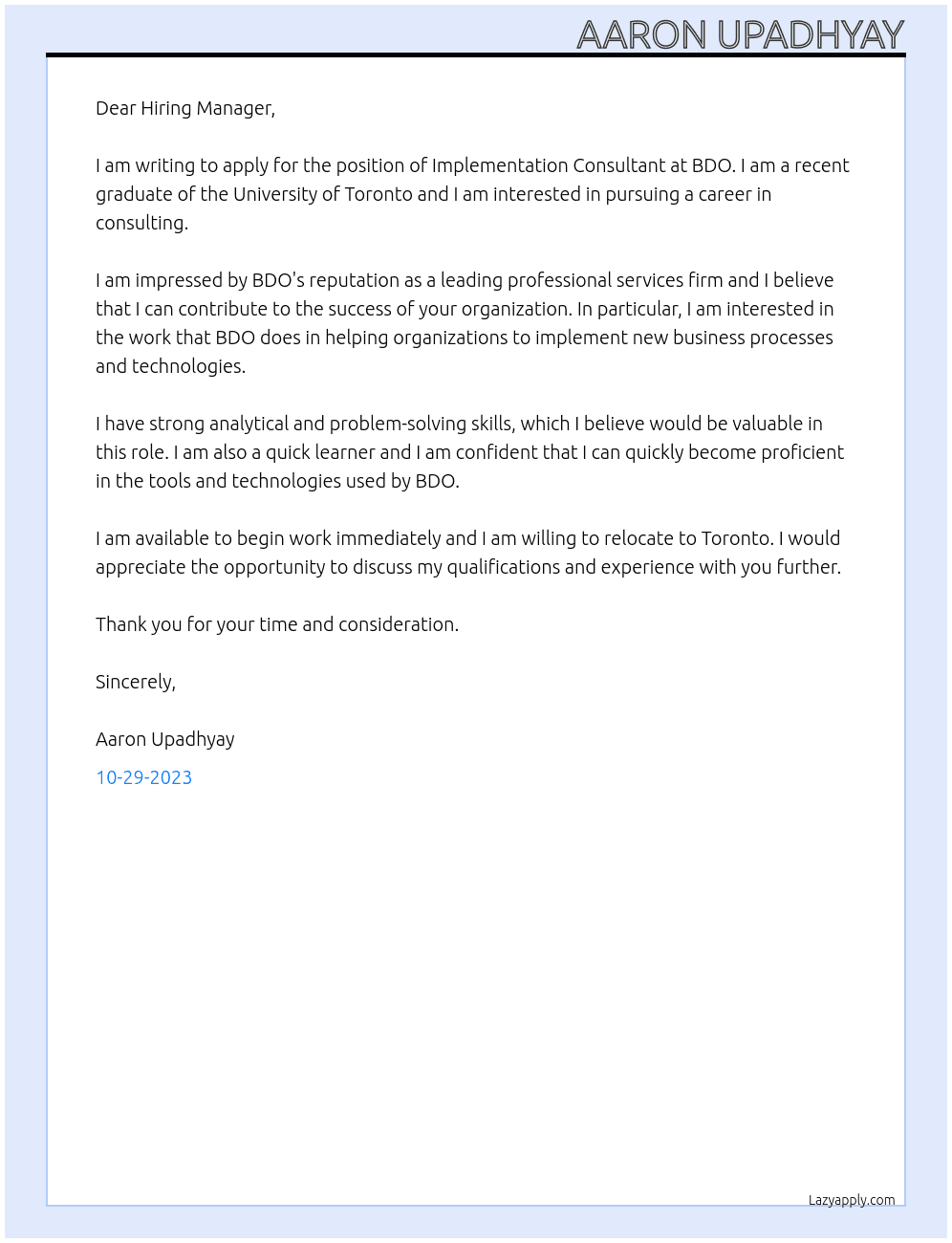 Implementation Consultant  At BDO Cover Letter