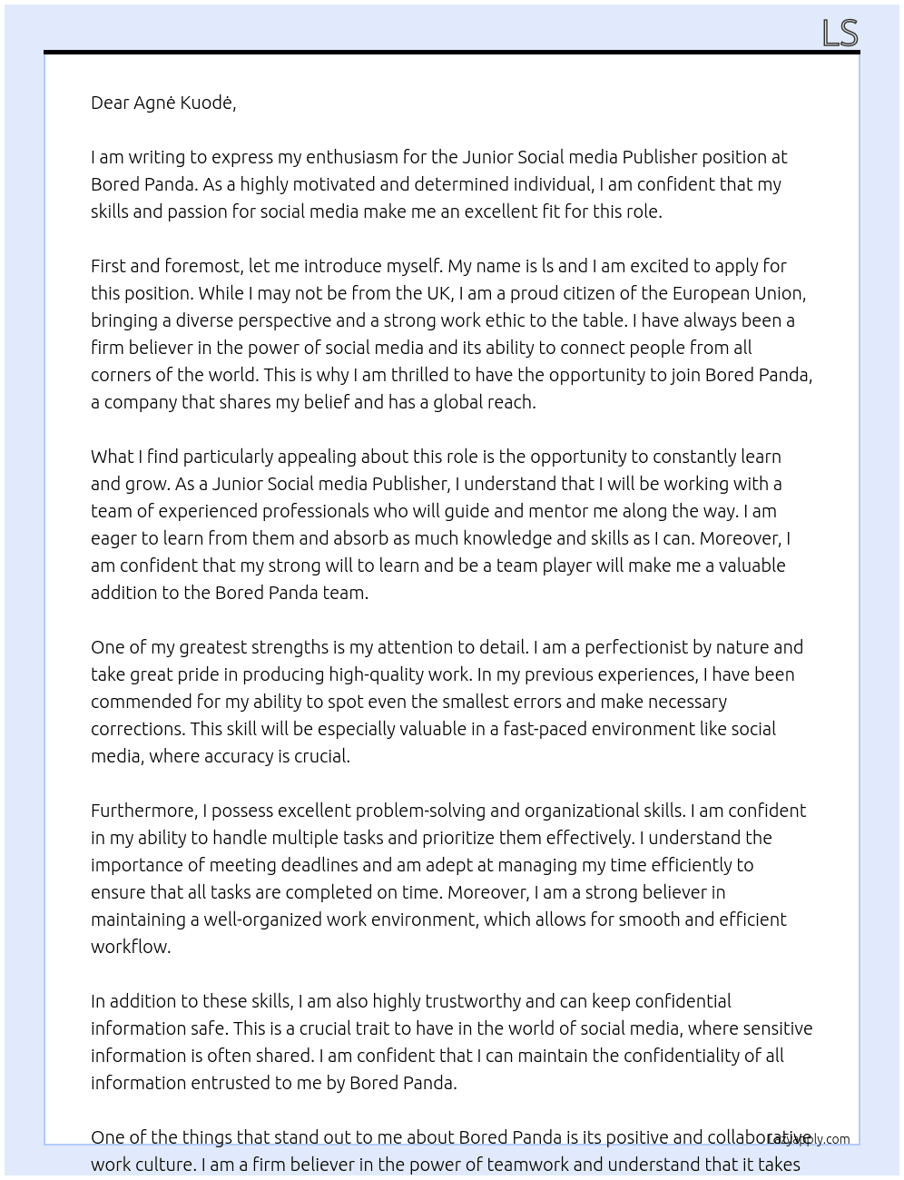 Junior Social media Publisher At Bored panda Cover Letter