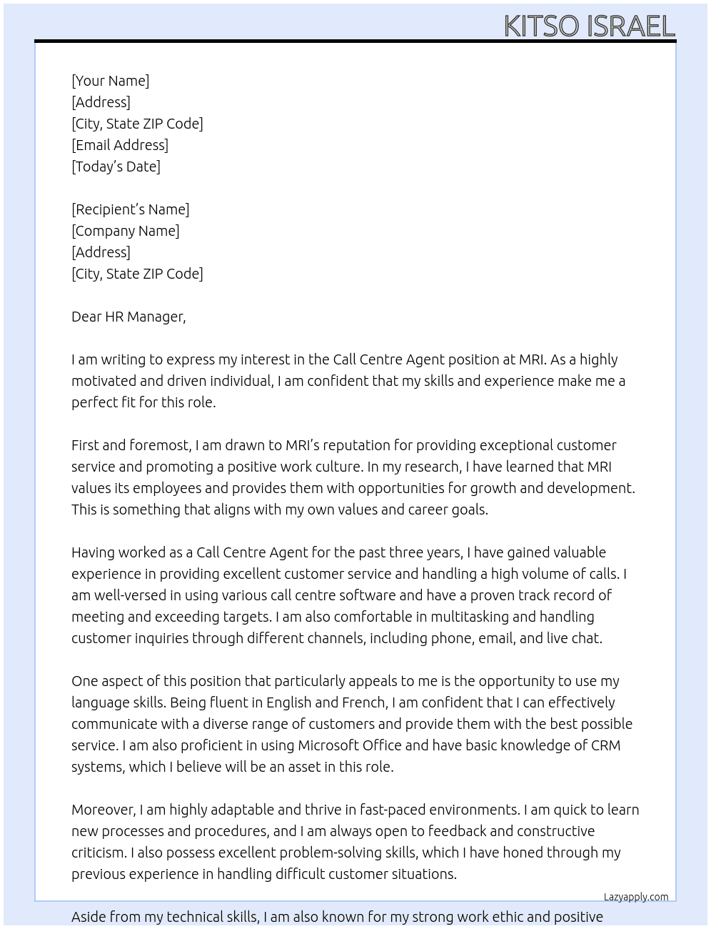 Call centre agent At MRI Cover Letter