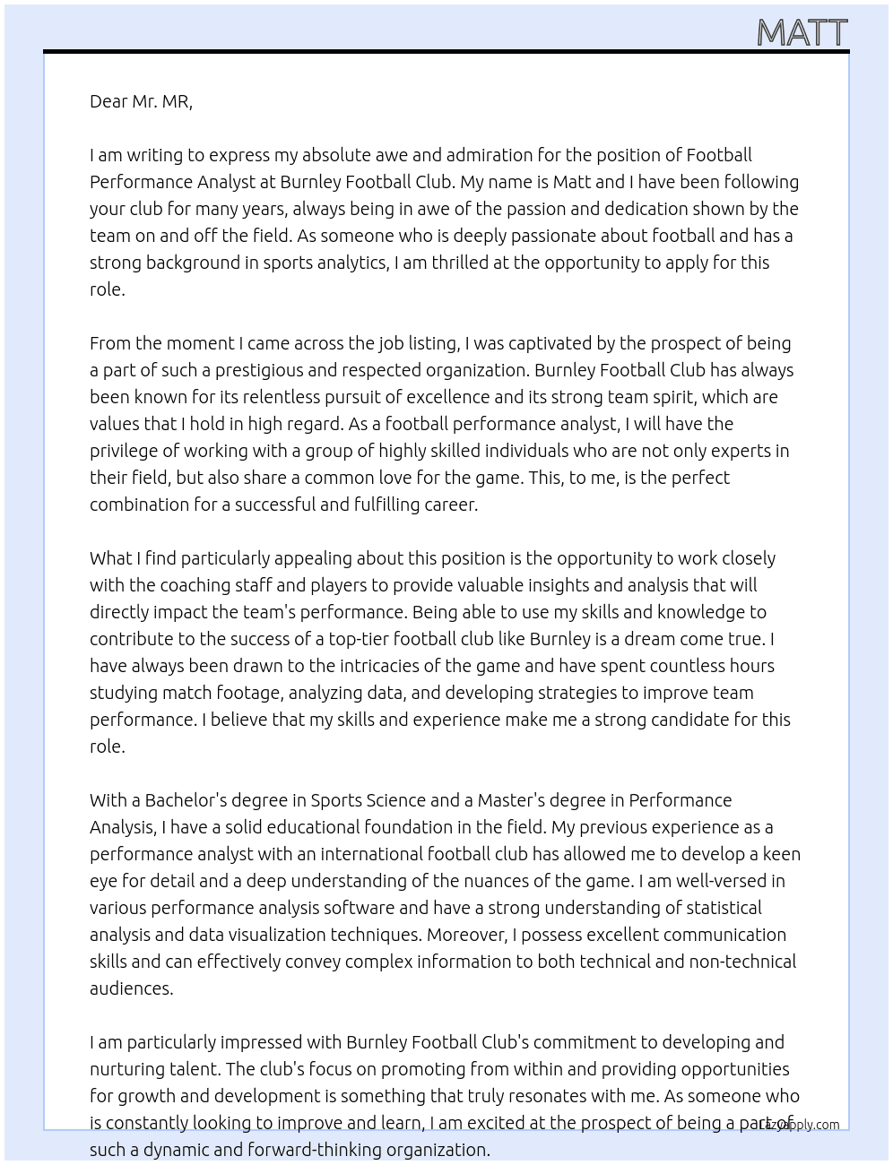 Football performance Analyst At Burnley Football Club Cover Letter