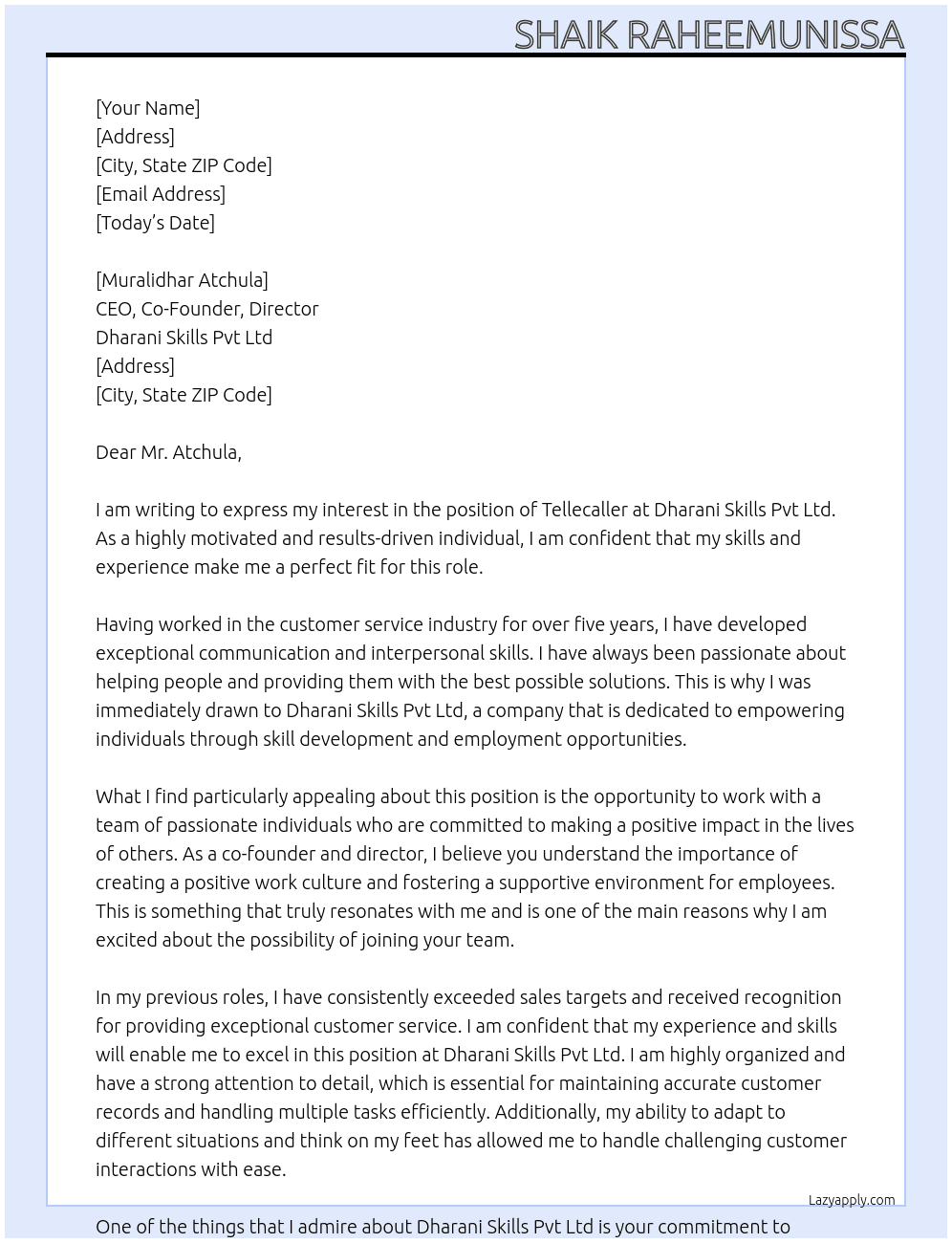 Cover letter for tellecaller - LazyApply