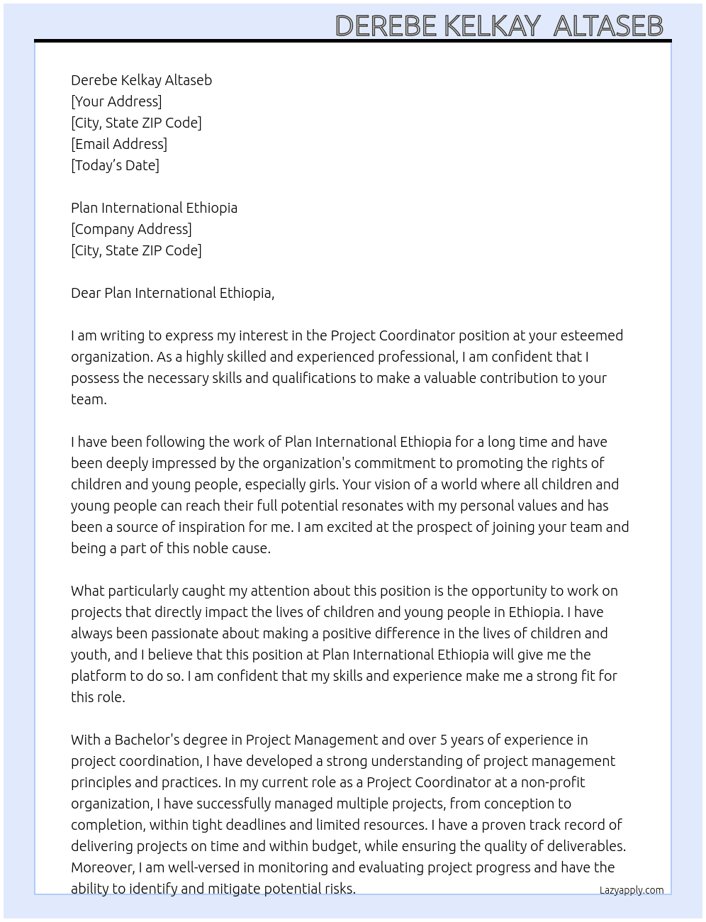 Project Coordinator  At  Plan International Ethiopia Cover Letter