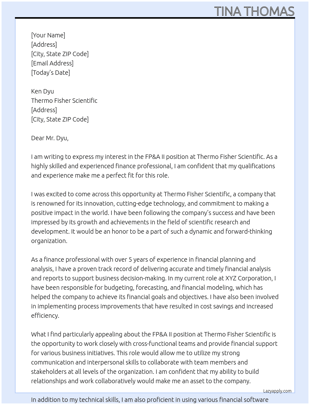 Cover letter for fp&a ii - LazyApply