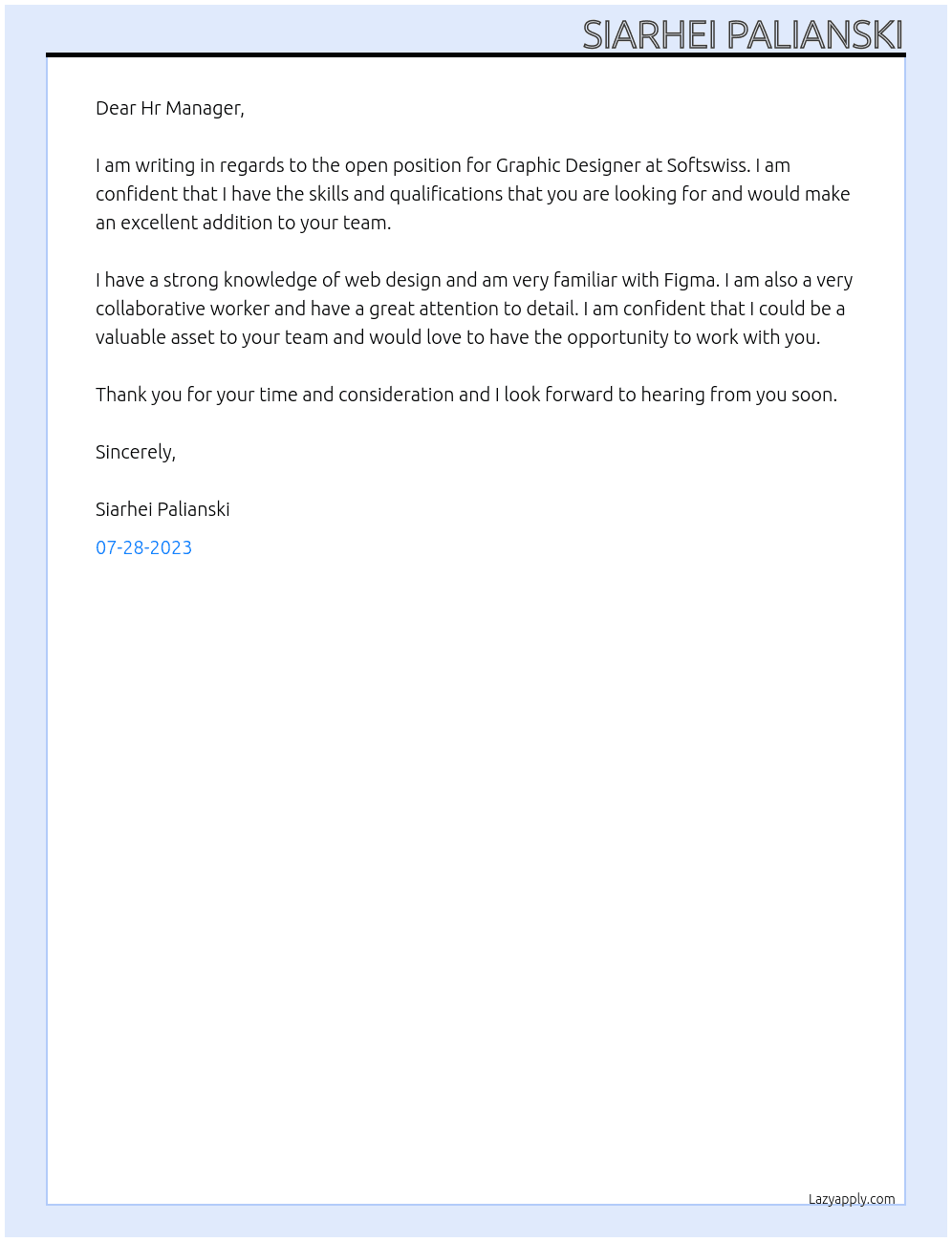 Graphic Designer At Softswiss Cover Letter