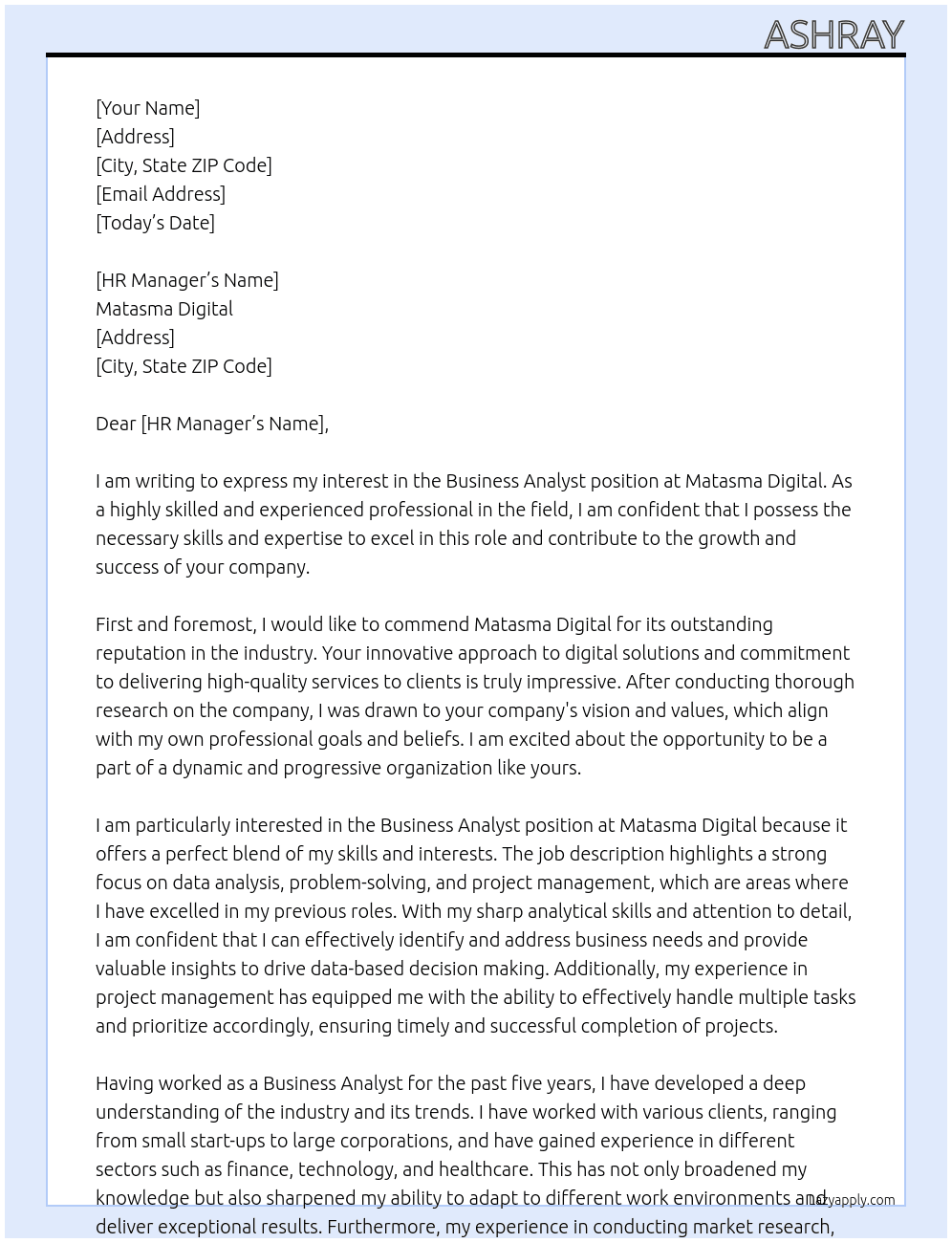 Business Analyst At Matasma Digital Cover Letter