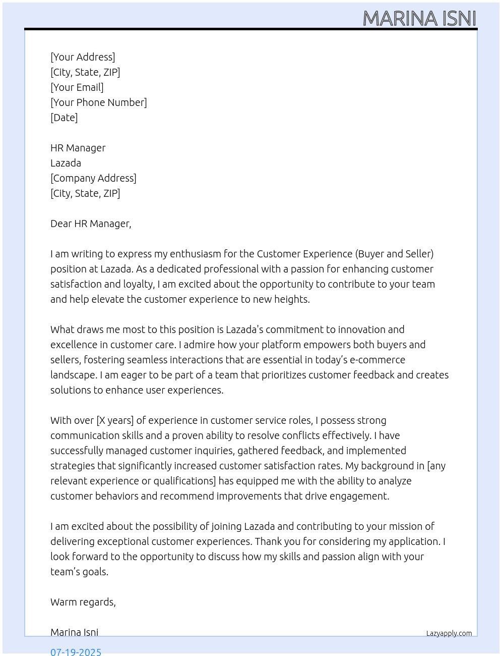 Customer Experience (Buyer and Seller)-Customer Care At Lazada Cover Letter