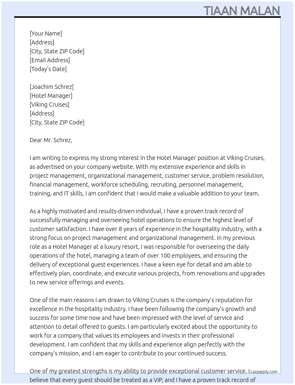 Hotel Manager At Viking Cruises Cover Letter
