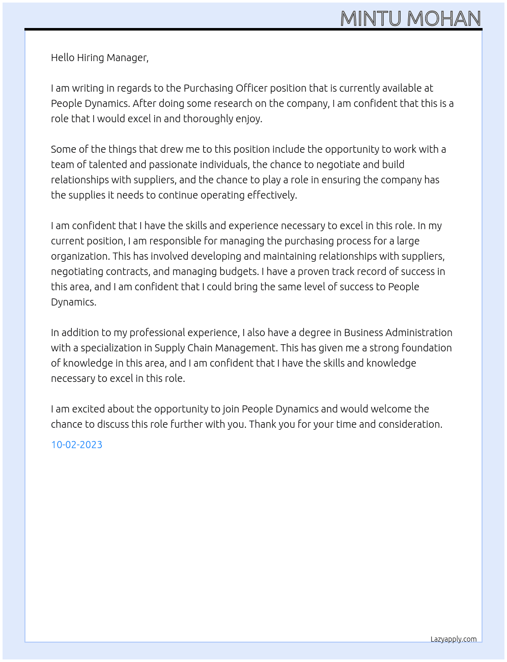 Purchasing officer At People dynamics Cover Letter