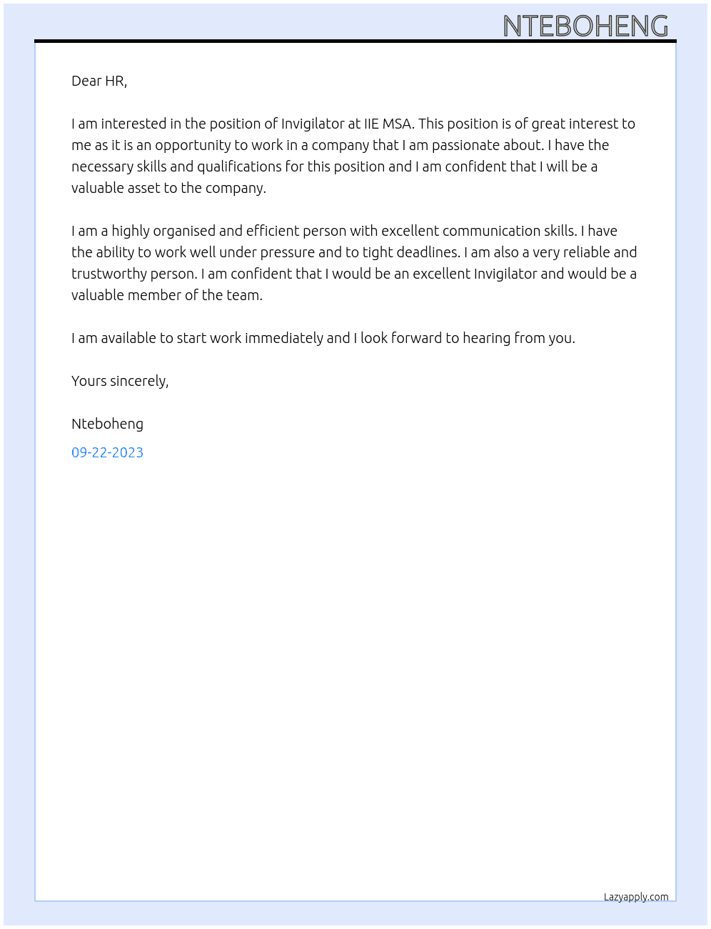 Invigilator  At IIE MSA Cover Letter