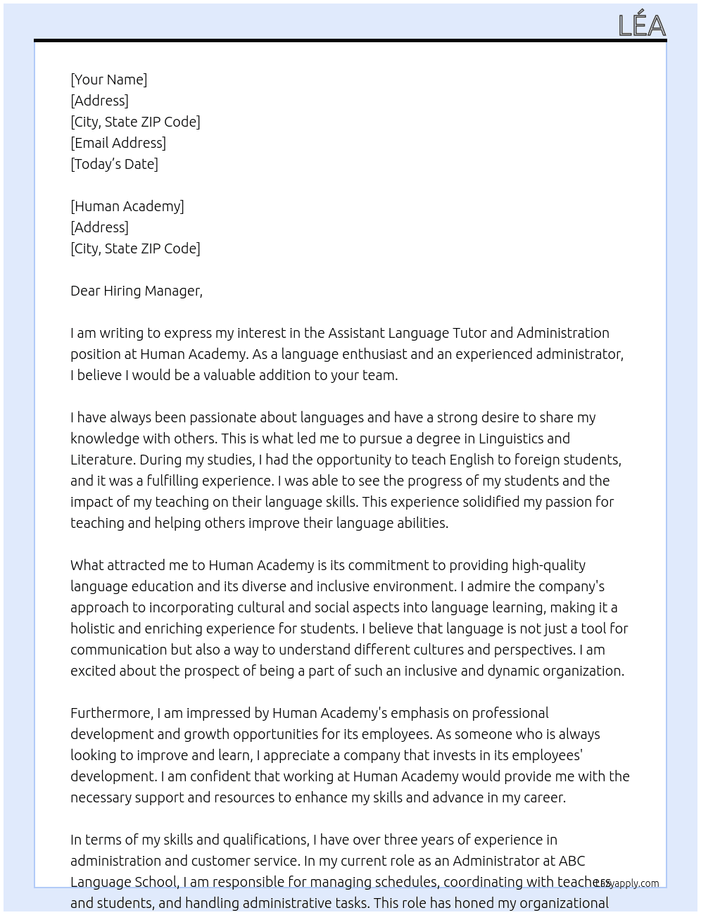 assistant language,tutor,administration At Human Academy Cover Letter