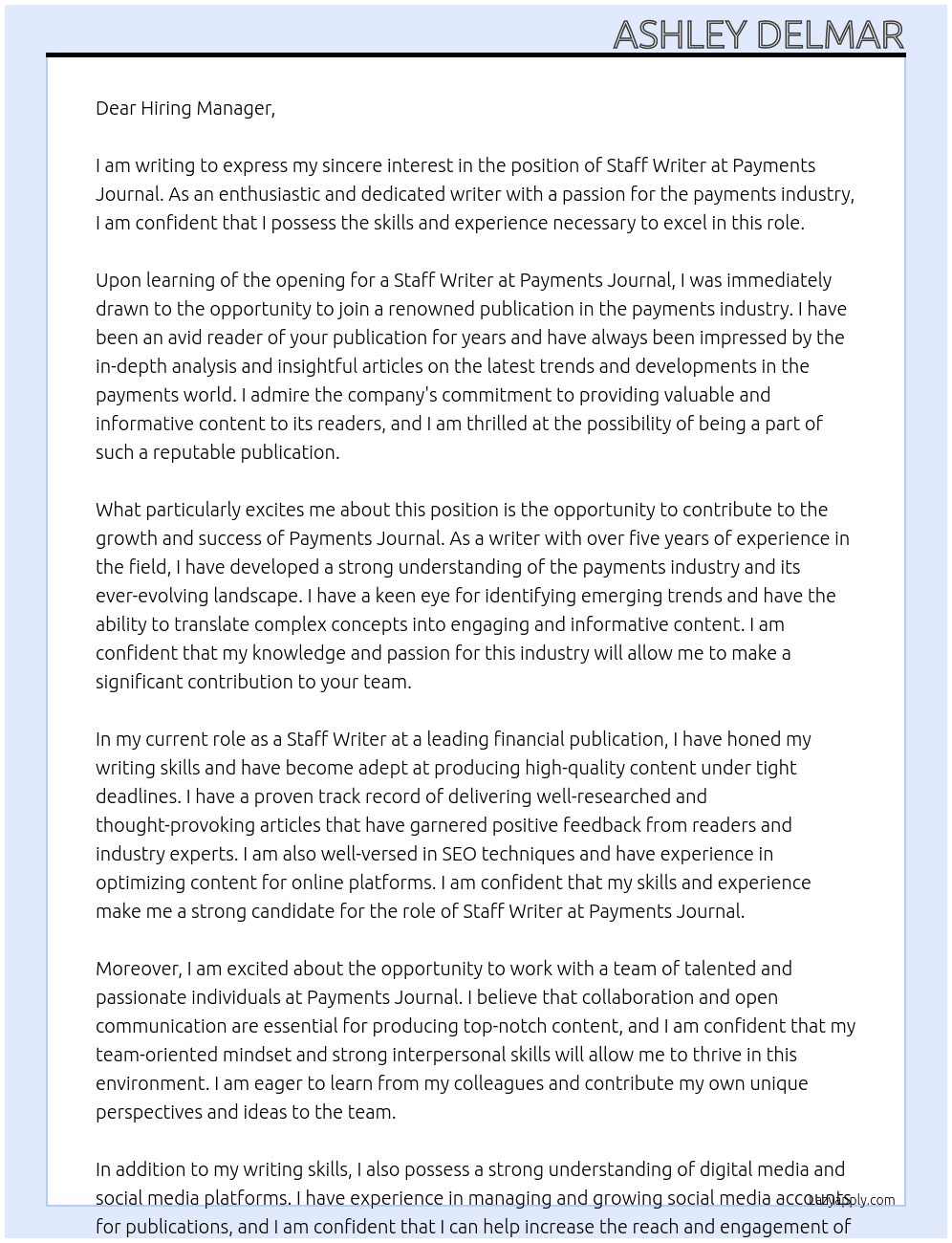 Staff Writer At Payments Journal  Cover Letter