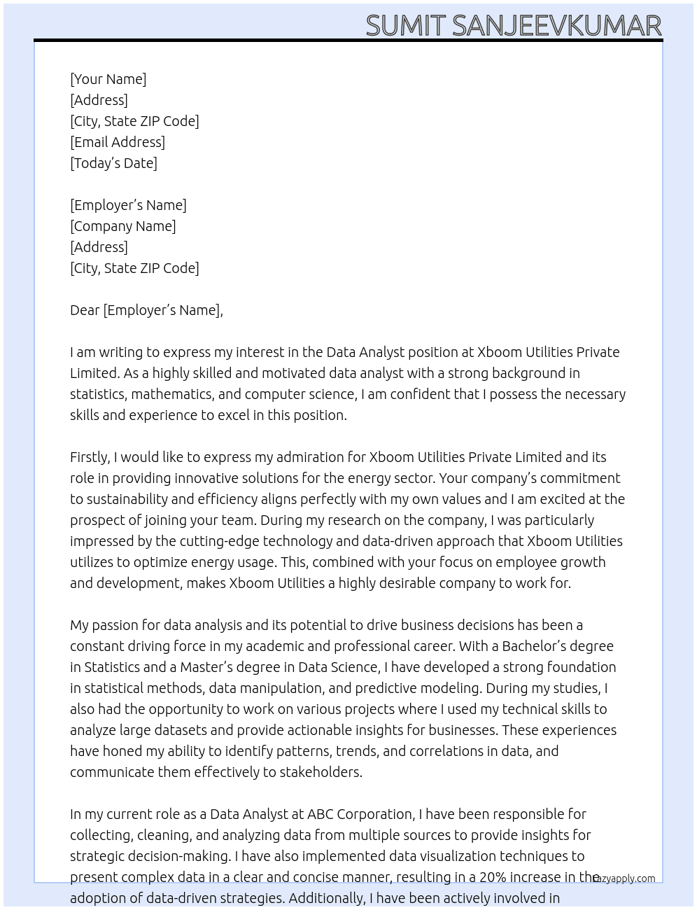 data analyst At Xboom Utilities Private Limited Cover Letter