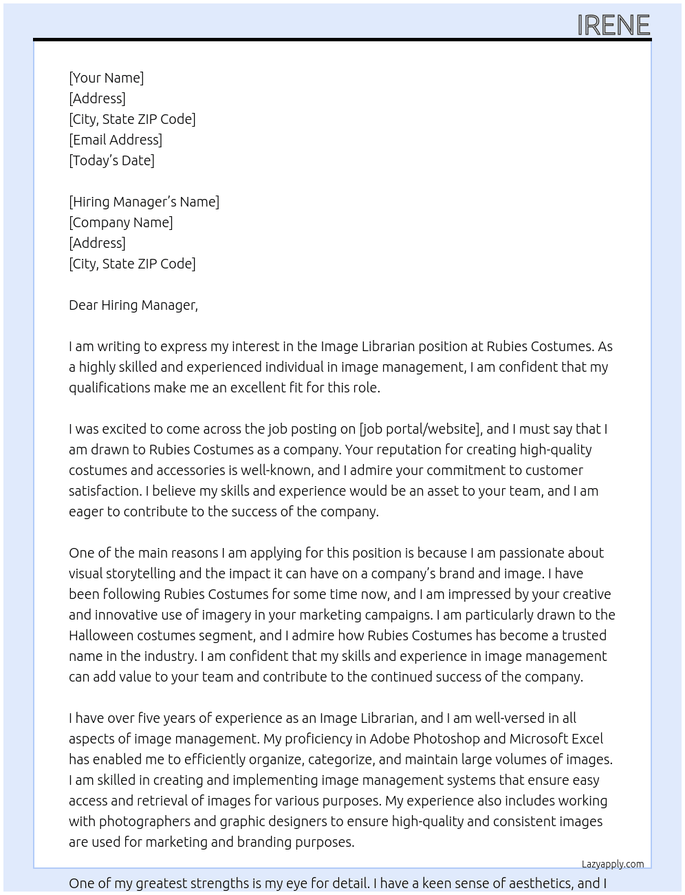 Image Librarian At Rubies Costumes Cover Letter