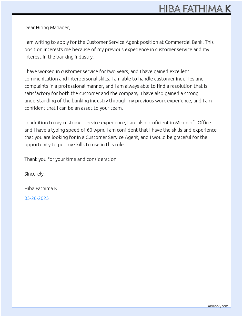 Customer service agent At Commercial Bank Cover Letter