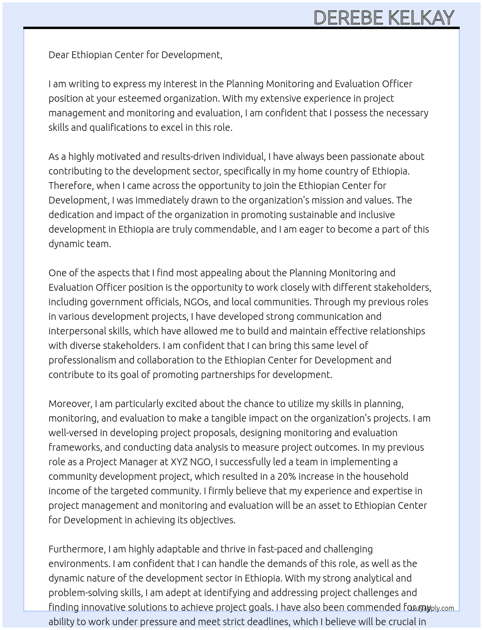 Planning Monitoring and Evaluation Officer At Ethiopian Center for Development Cover Letter