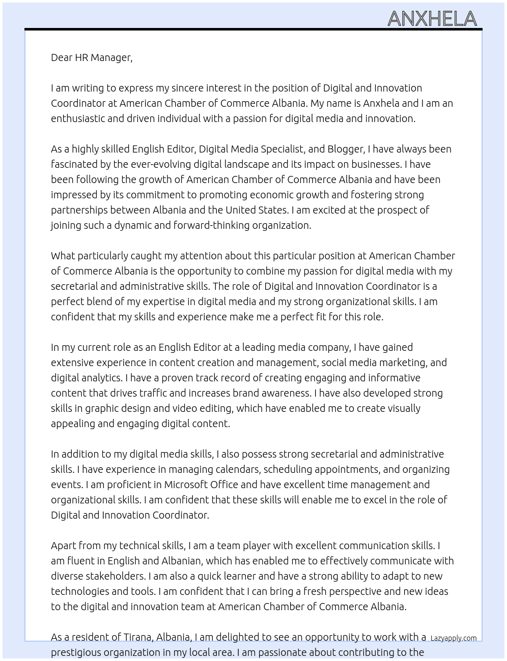 Digital and Innovation Coordinator At American Chamber of Commerce Albania  Cover Letter