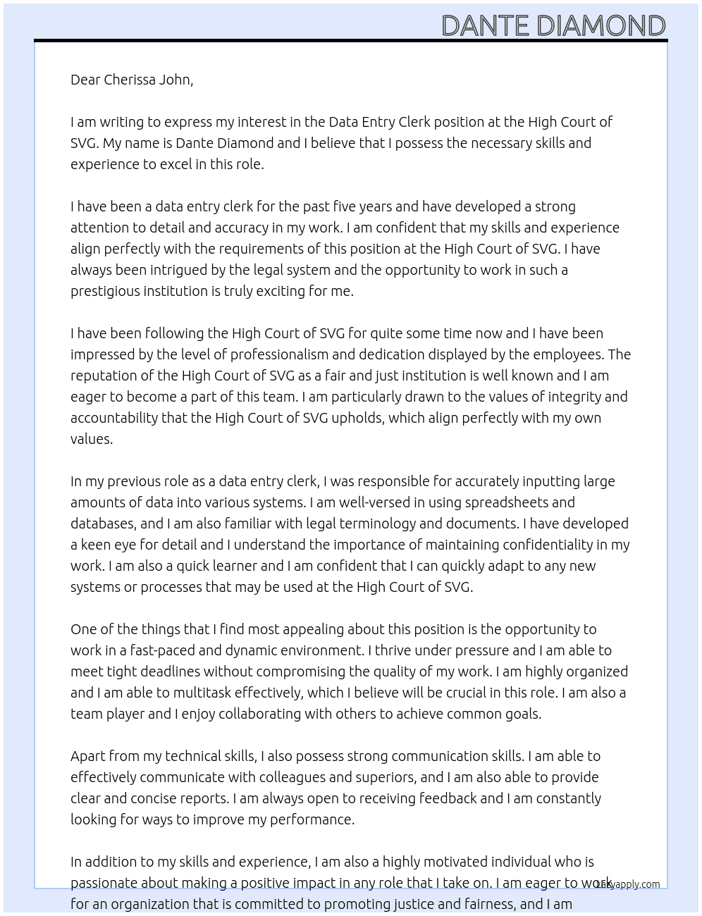 data entry clerk At High Court of SVG Cover Letter