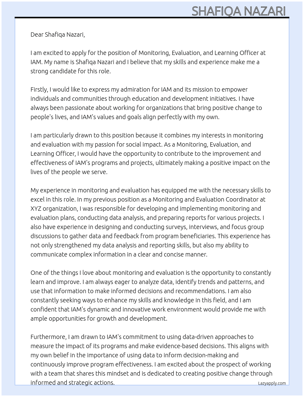 Monitoring evaluation and learning officer  At IAM Cover Letter