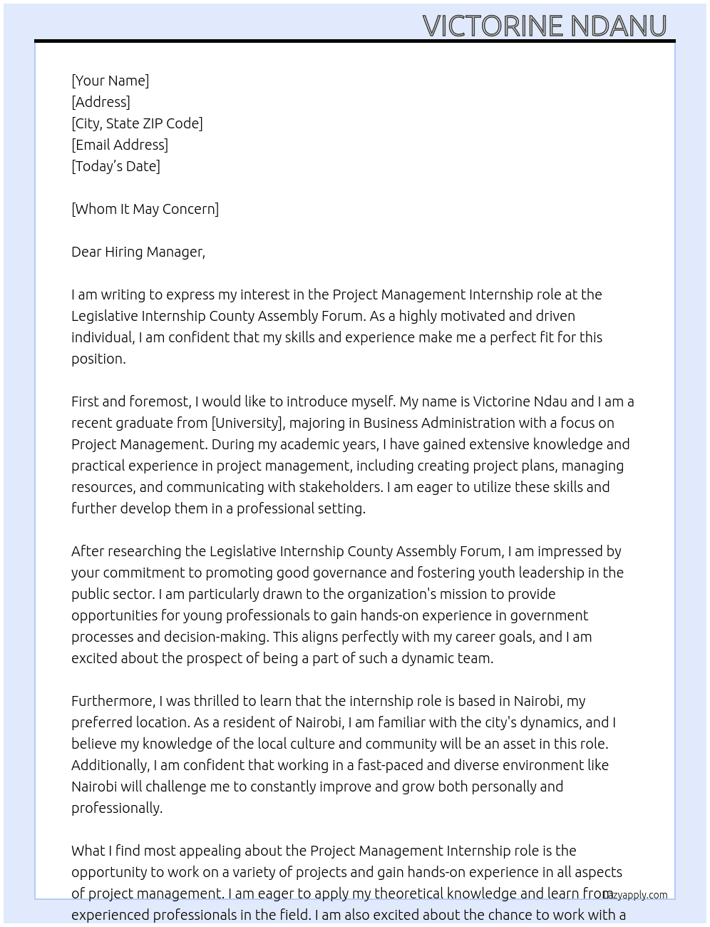 Project management  At Legislative internship county assembly forum  Cover Letter