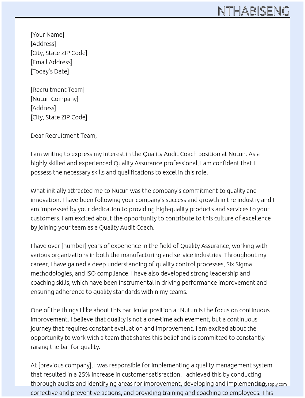 Quality Audit Coach At Nutun Cover Letter