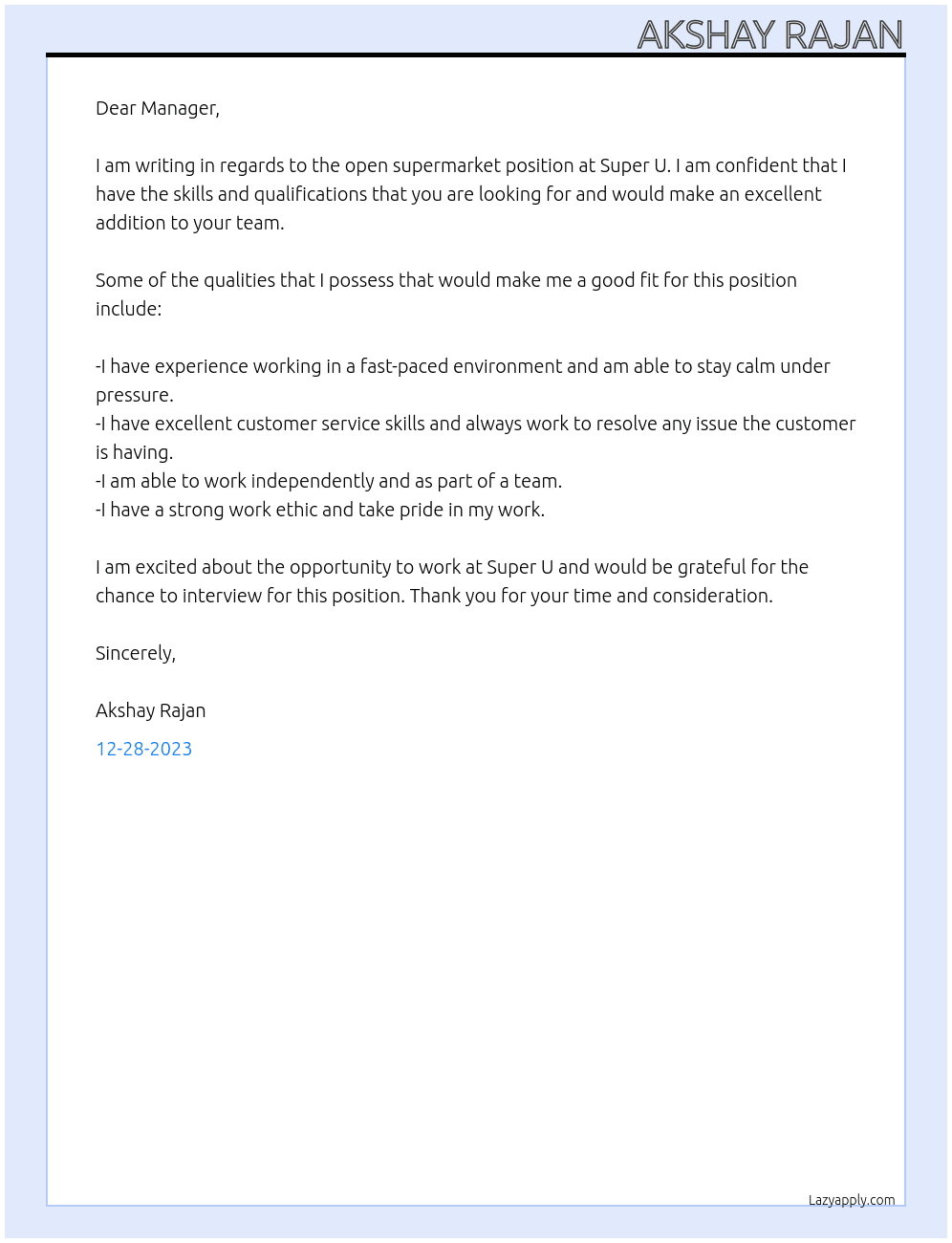 SUPERMARKET JOB At SUPER U Cover Letter