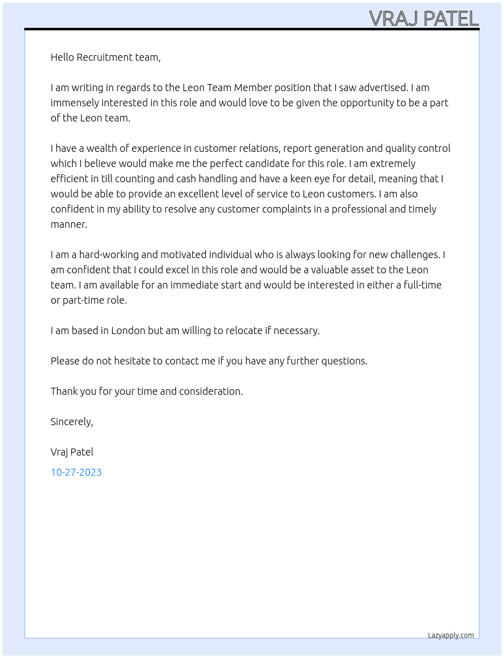 Leon Team Member At LEON Restaurant Cover Letter